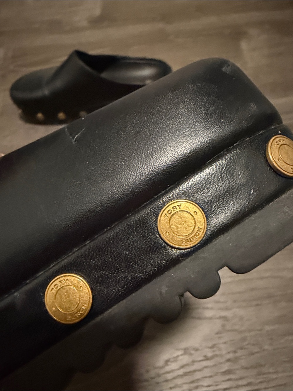 Tory Burch Black Leather Slip-On Mules with Gold Accents - Picture 7 of 8